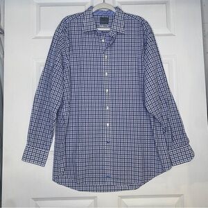 TD Thomas Dean Blue White Plaid Long Sleeve Button Front Dress Shirt Size 18L
